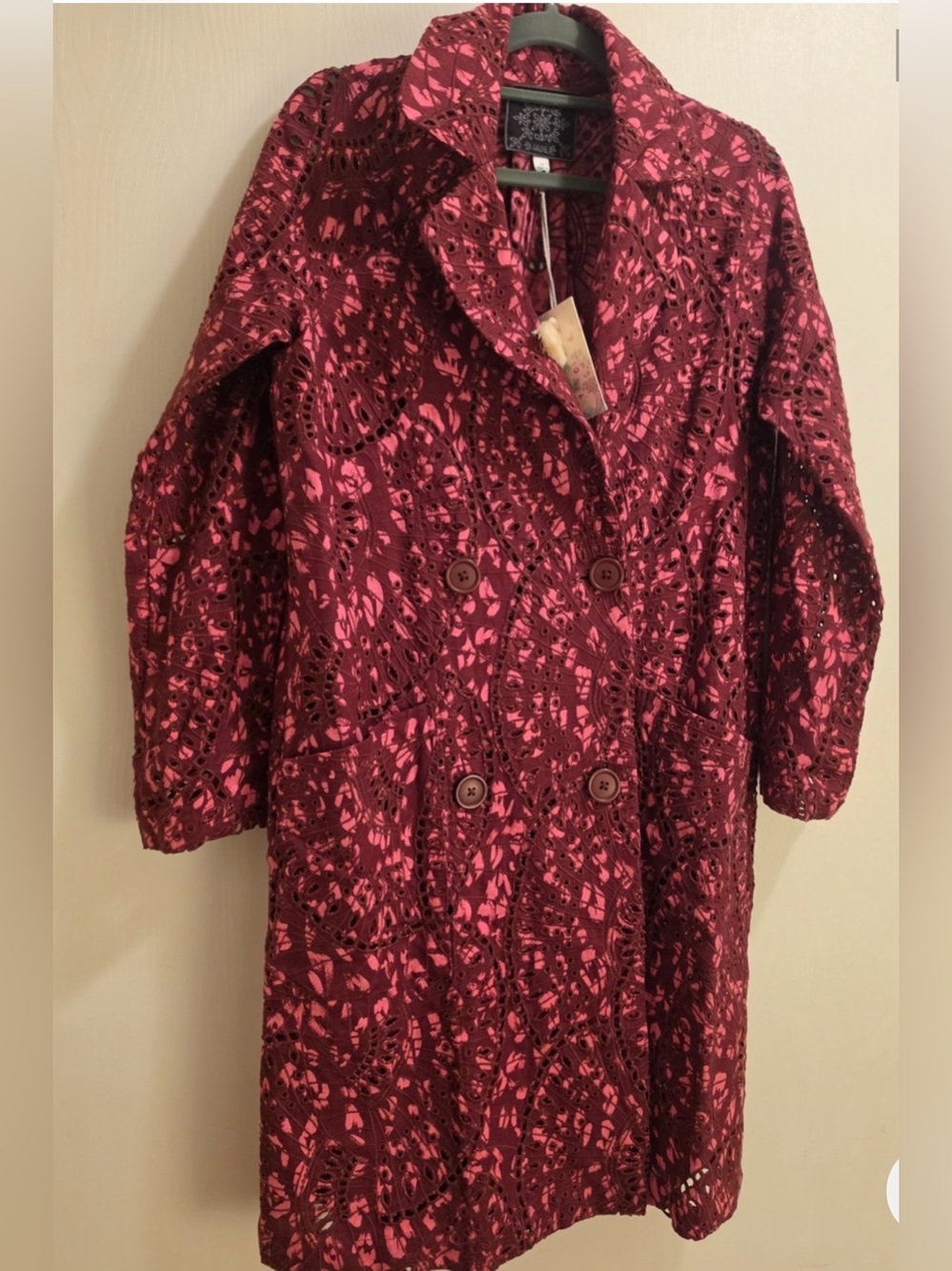 Johnny Was JWLA Burgundy & Pink Linen Eyelet Long Coat XL – Unworn.
